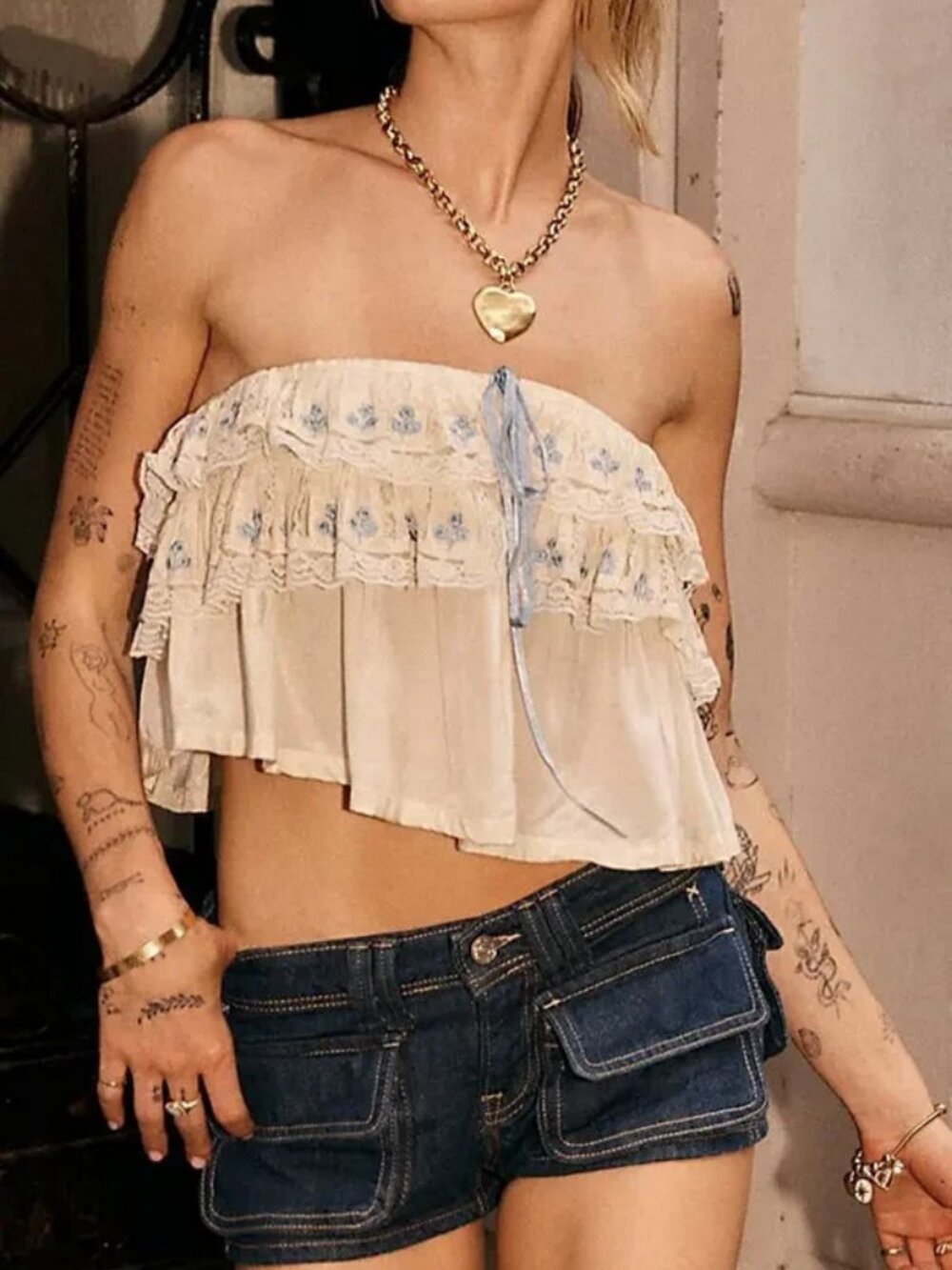 Free People Tailia Embroidered Tube Top Lace Ruffle Strapless Crop S